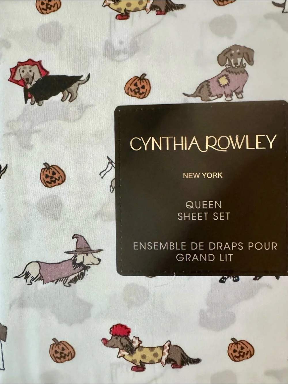 Cynthia Rowley Queen Sheet Set with Colorful Costume Dachshund & Pumpkin Print